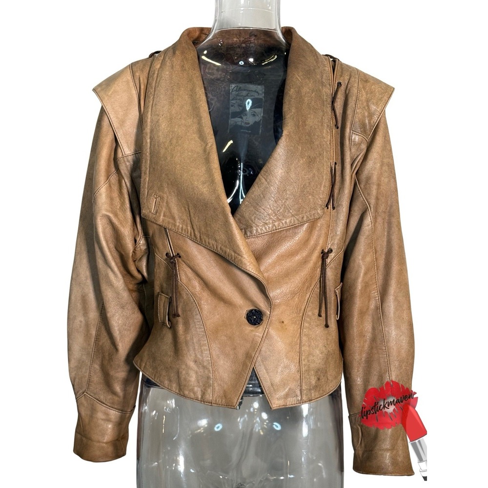 Vintage 80s Alexandria Moto‎ Leather Jacket Women Sz 12 Tan Brown Cropped Italy